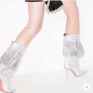 GLITTER FRINGE RHINESTONE EMBELLISHED POINTED TOE STILETTO BOOTS - SILVER